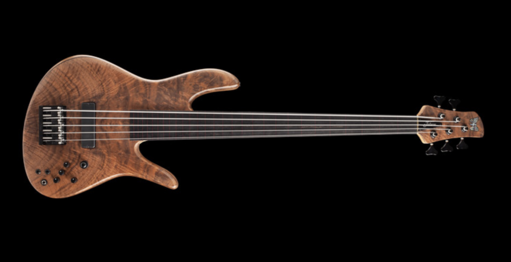 Damian Coccio's custom walnut fretless 5-string Fodera bass