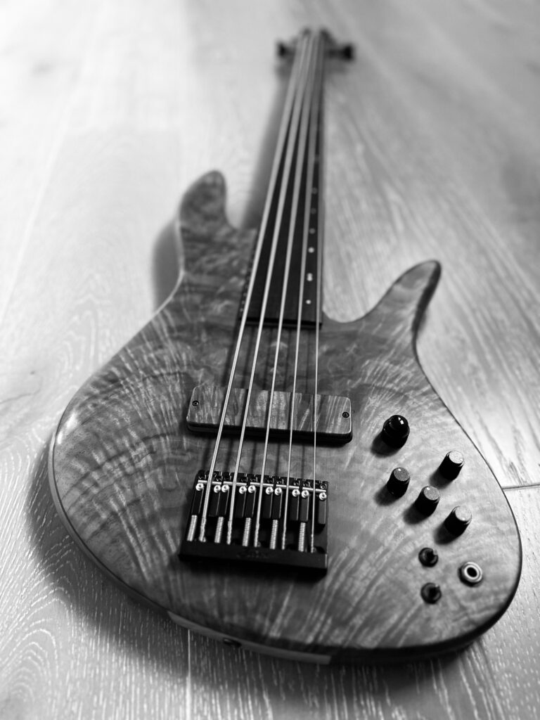 Fretless bass neck detail showing oak fretboard