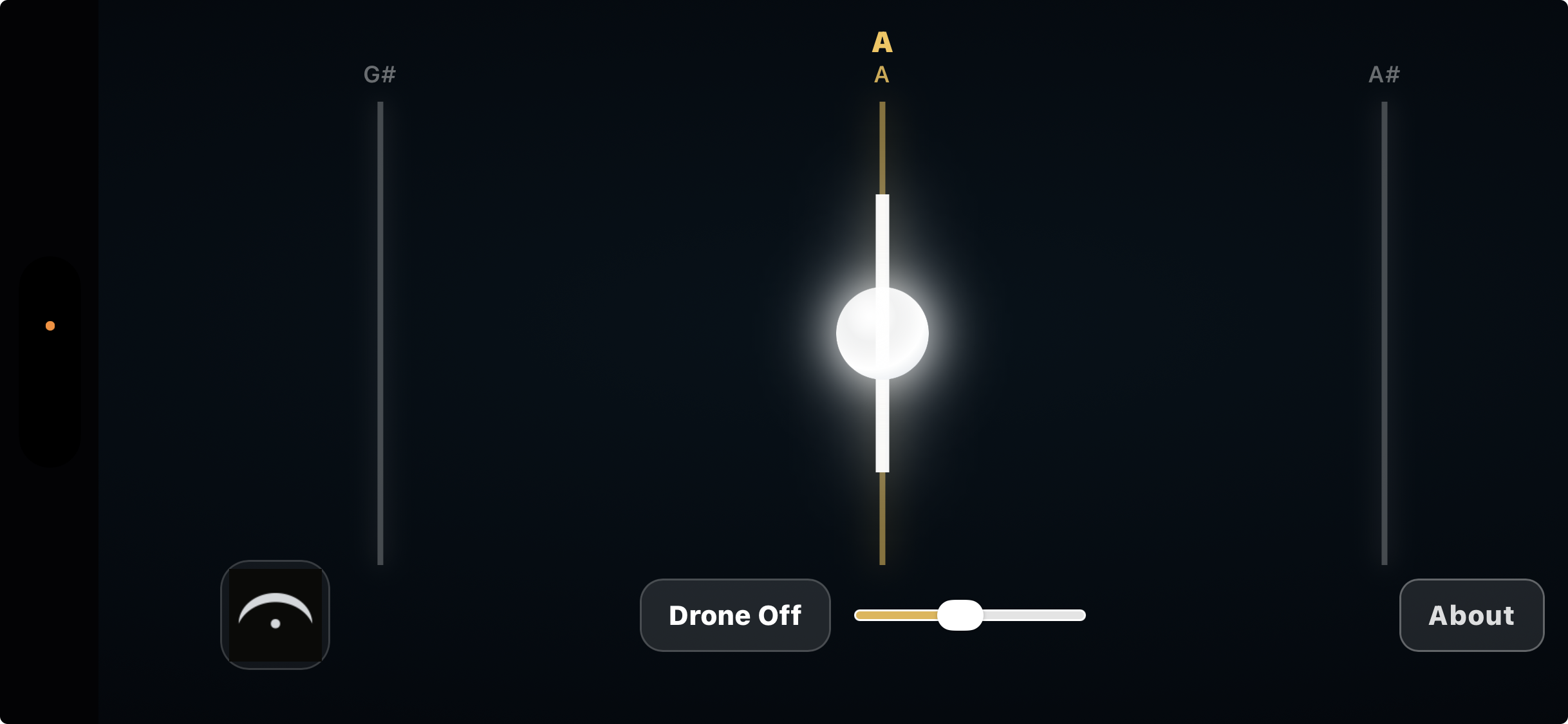 Fretless Tonal Trainer showing an A2 drone reference and a live pitch line